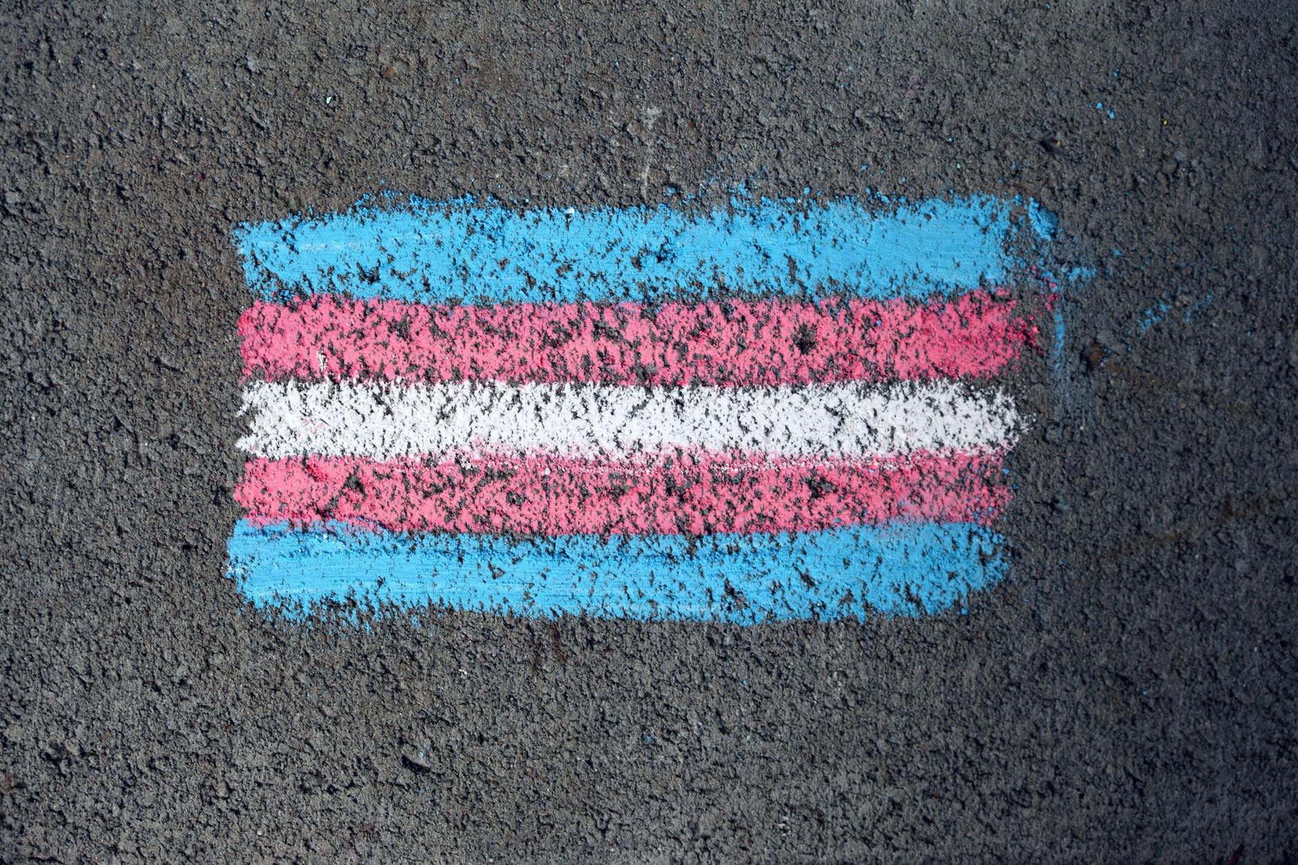 Chalk painting of horizontally striped trans flag on asphalt: light blue, pink, white, pink, light blue.