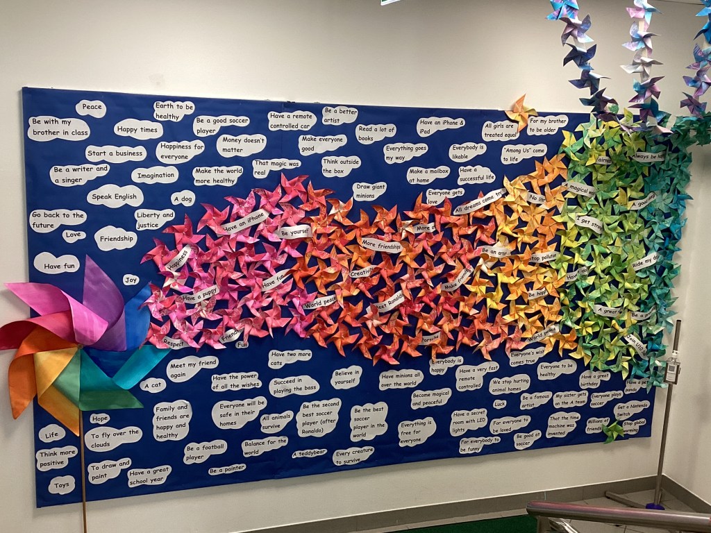 Elementary Pinwheel display: large rainbow colored pinwheel at left end flows into hundreds of smaller pinwheels in rainbow color formation from left to right: pink, orange yellow green blue purple. In between, above and below display are numerous printed wishes of students. All against a dark blue background.